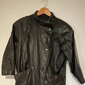 Oversized Vintage Black Faux-Leather Trench Coat